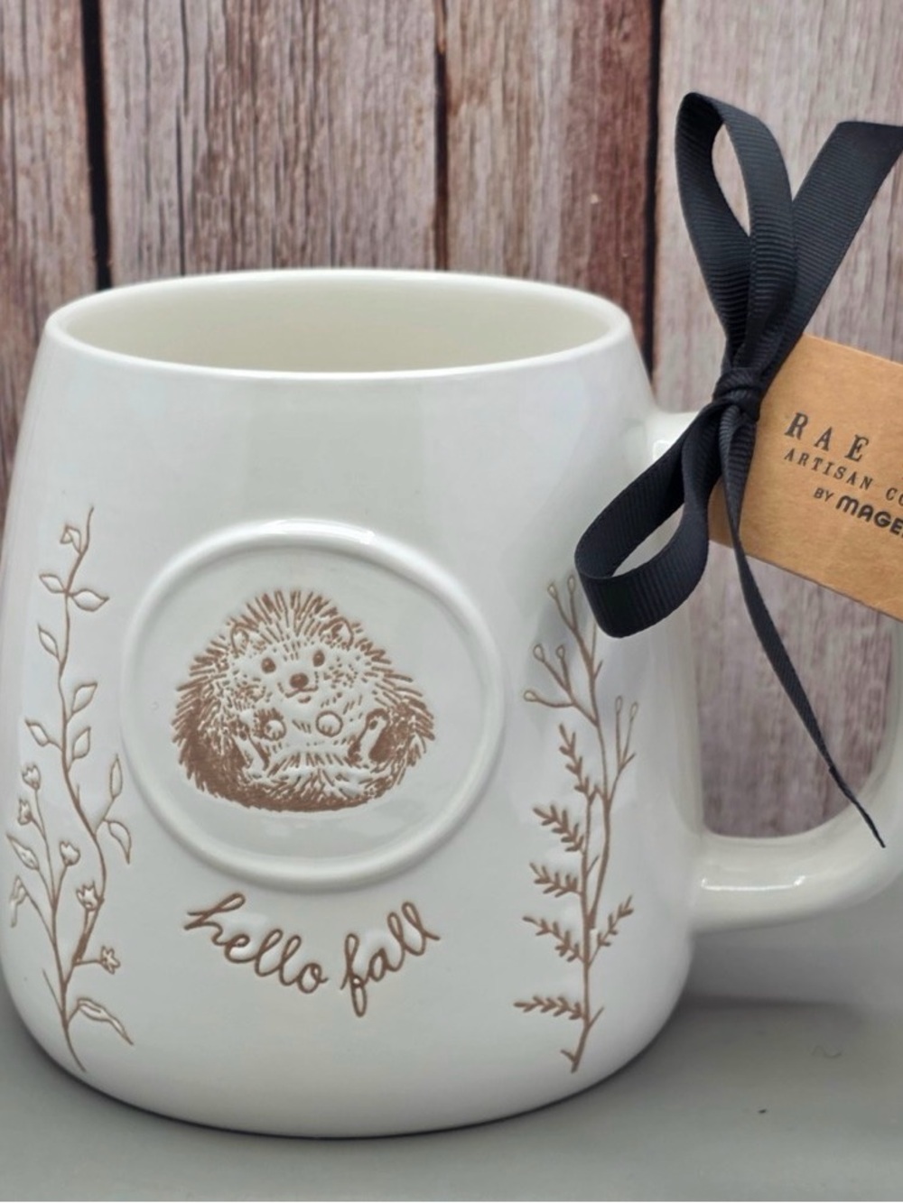 Rae Dunn White Ceramic Mug with Brown Hedgehog & Fall Script